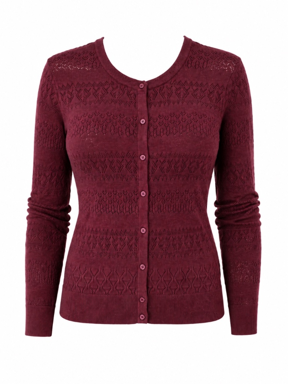 A New Day Merlot Burgundy Pointelle Cardigan 100% Cotton Button Front L
